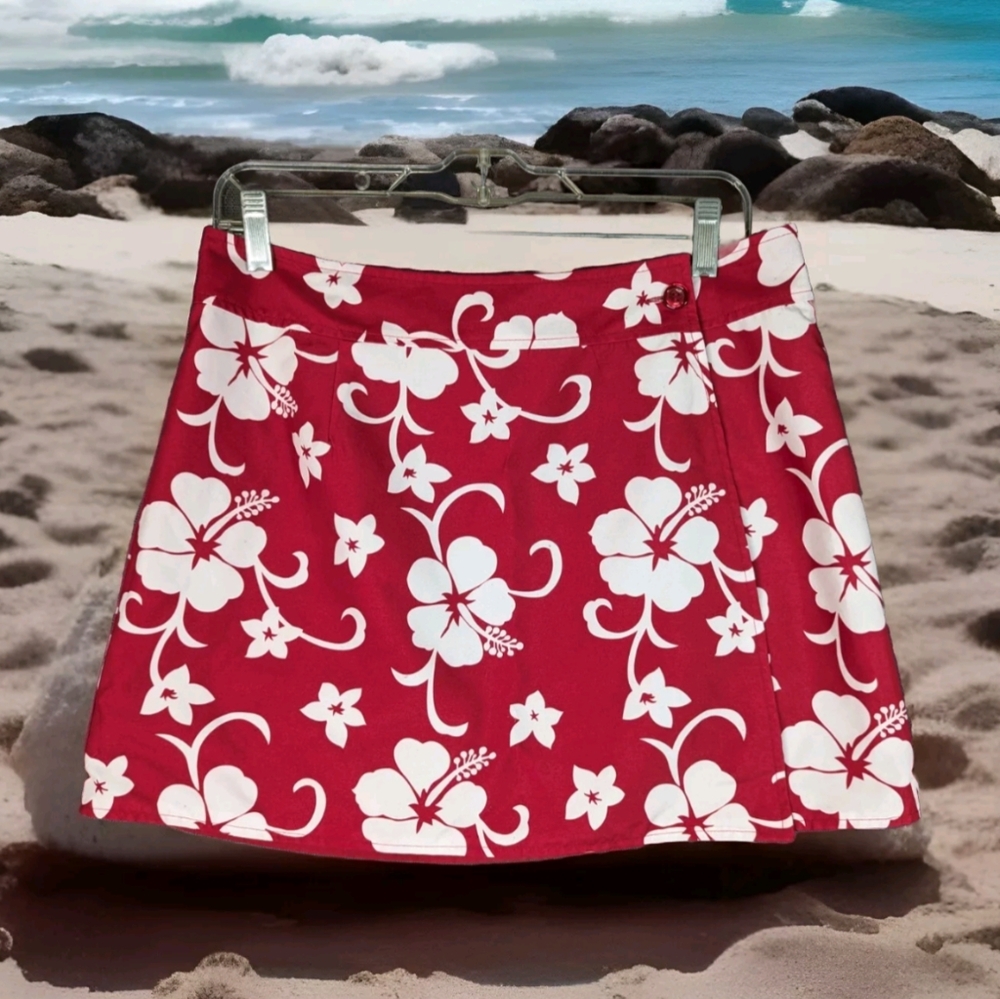 Hawaiian True Wrap Skirt M-L Reversible Red White Floral 32" Waist